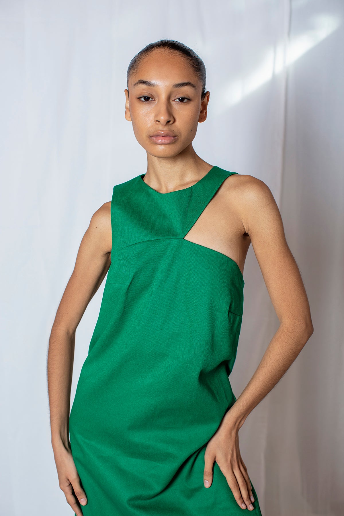 ZGEST Ava Green  Cut-Out Dress close up with model