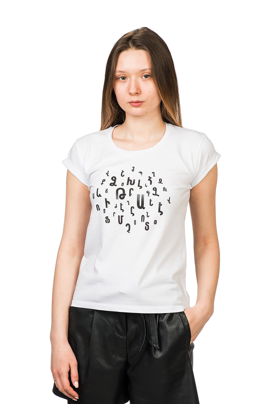 Model wearing Anushu Alphabet T-shirt