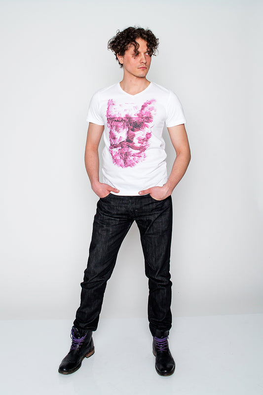 Model wearing Aquarelle Man t-shirt