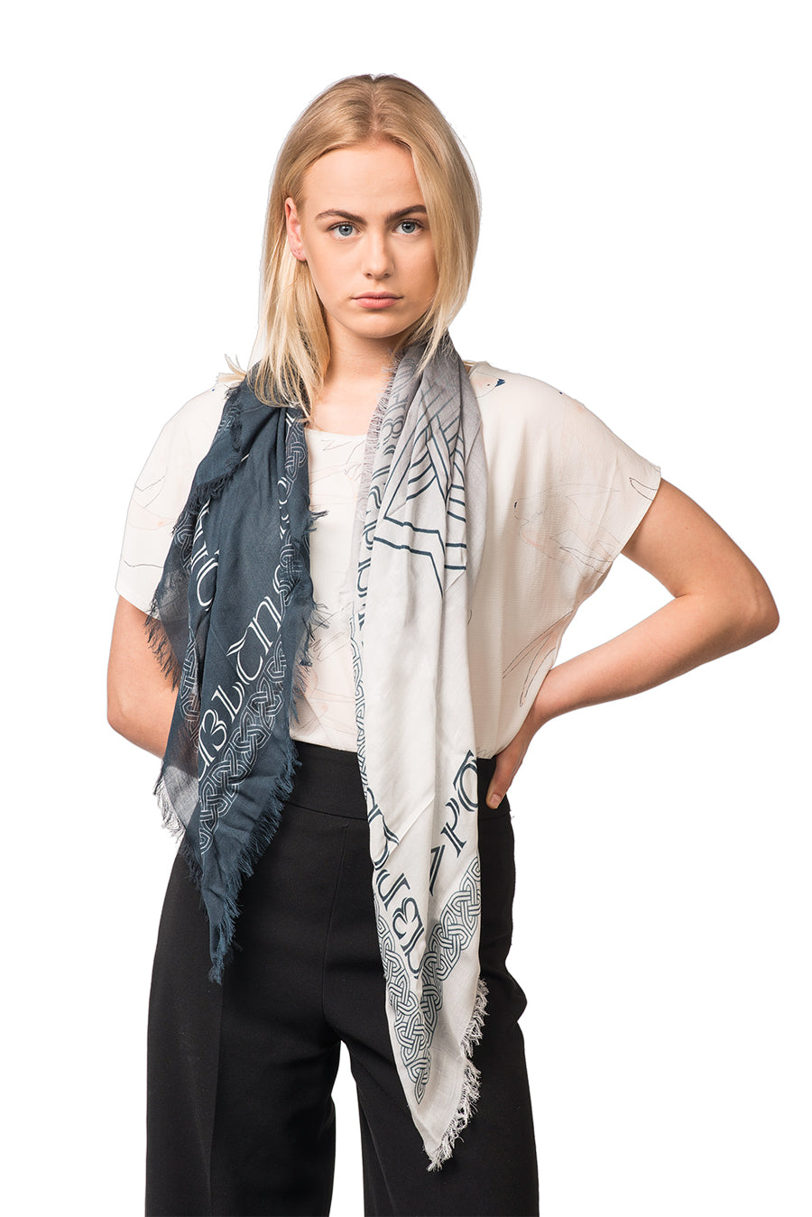 Female model wearing Armenian Alphabet and Eternity Scarf