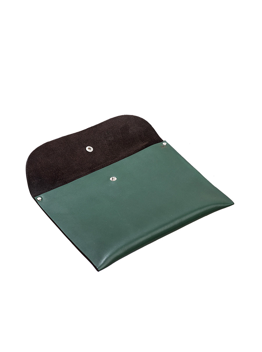 Armenian Ornament Green Leather Pouch opened