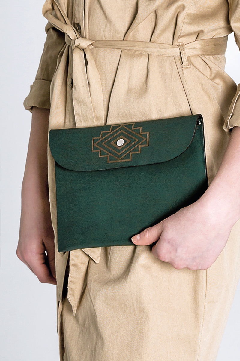 Armenian Ornament Green Leather Pouch presentation mode