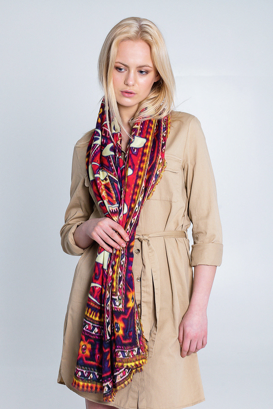 Female model wearing Armenian Alphabet Scarf