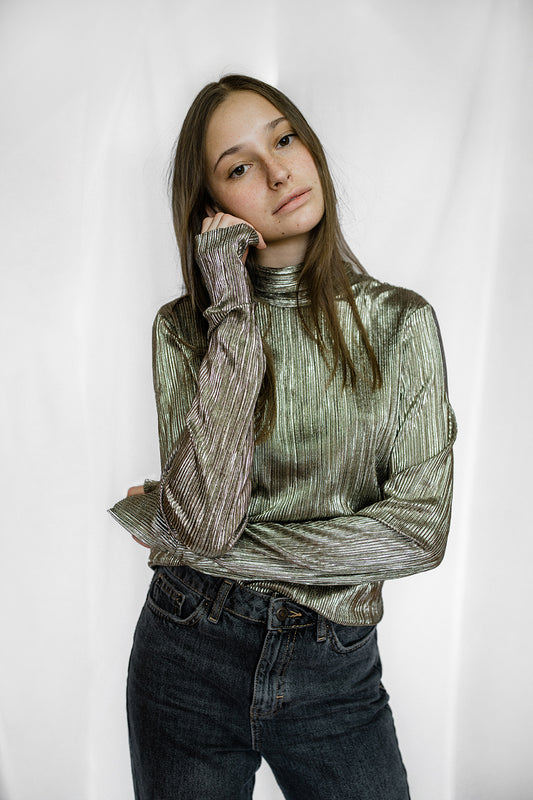 Golden pleated turtle neck top
