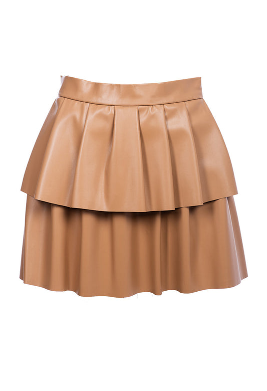 Pleated Eco Leather Mini Skirt - Beige