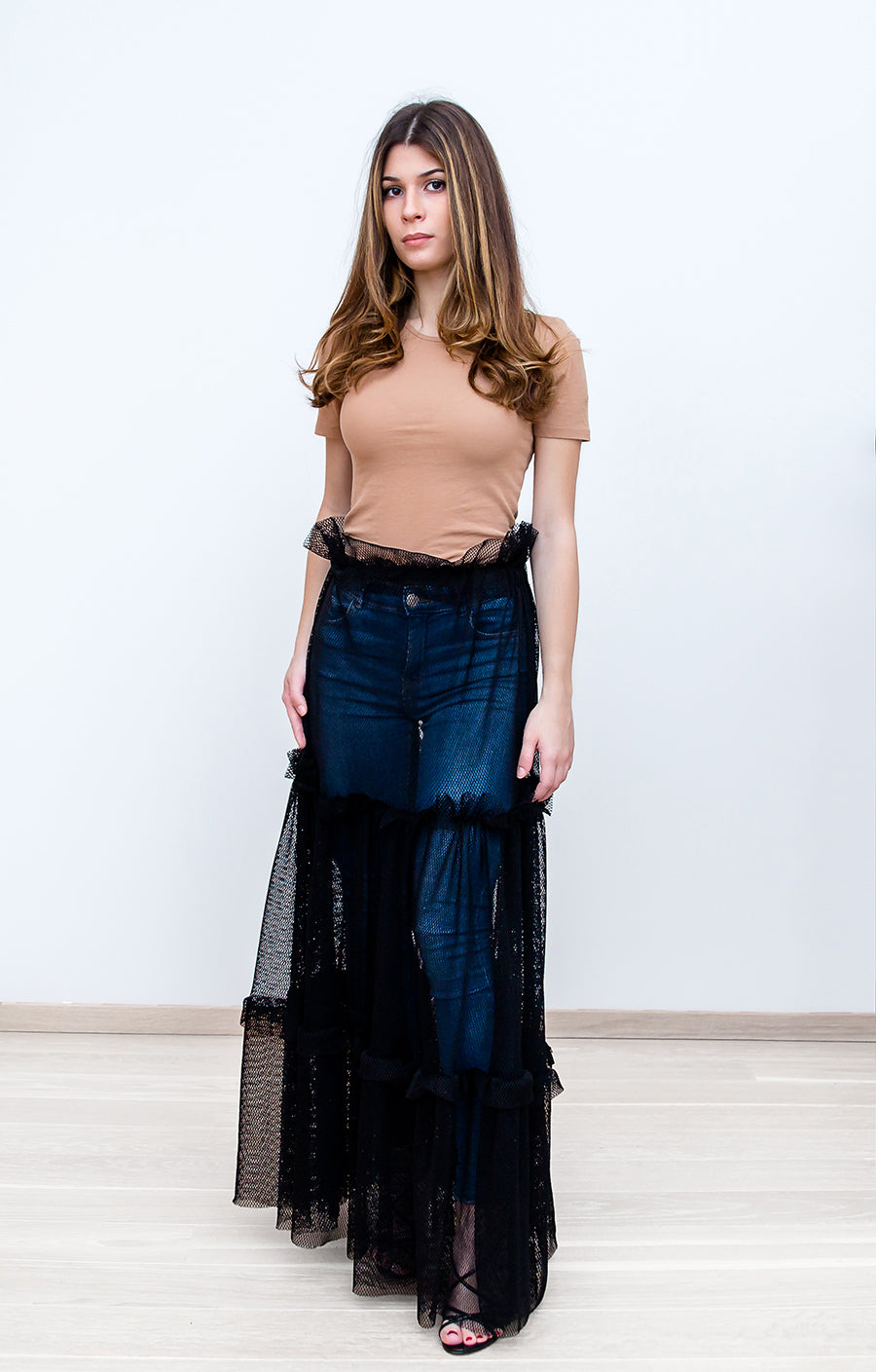 Black Mesh Ruffled Skirt front view