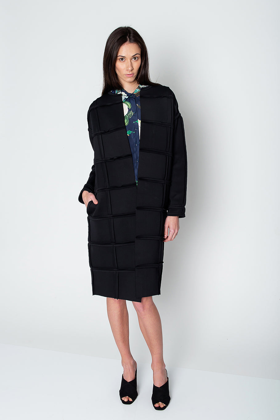 Black Neoprene Coat front view