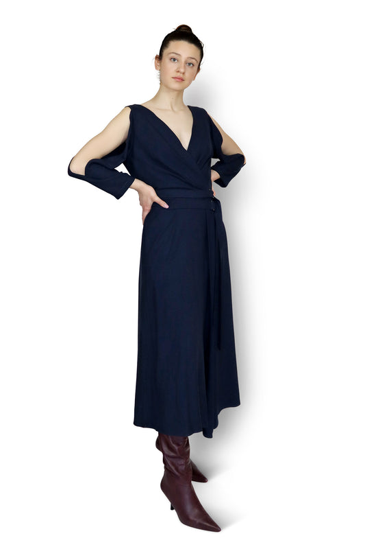 Navy Wrap Dress on model