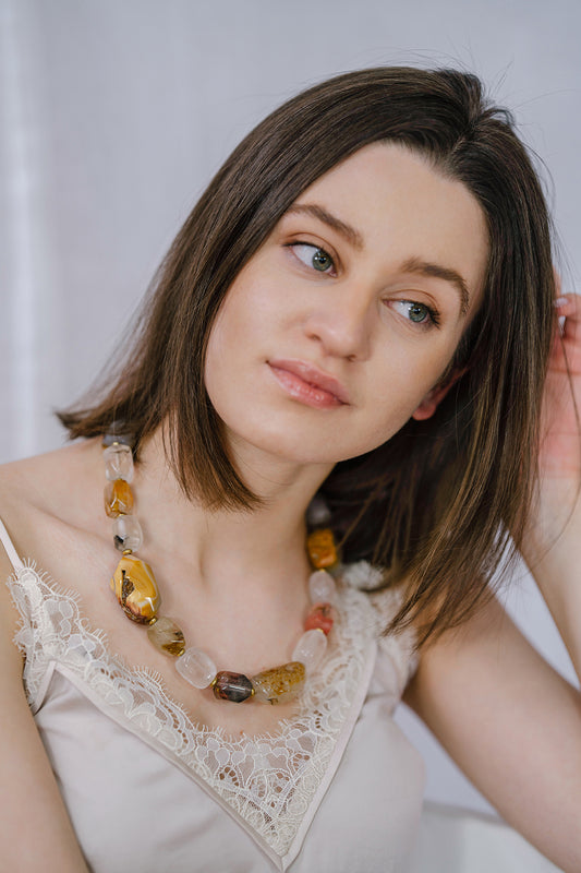 Model Wearing IK Multi-stone Necklace