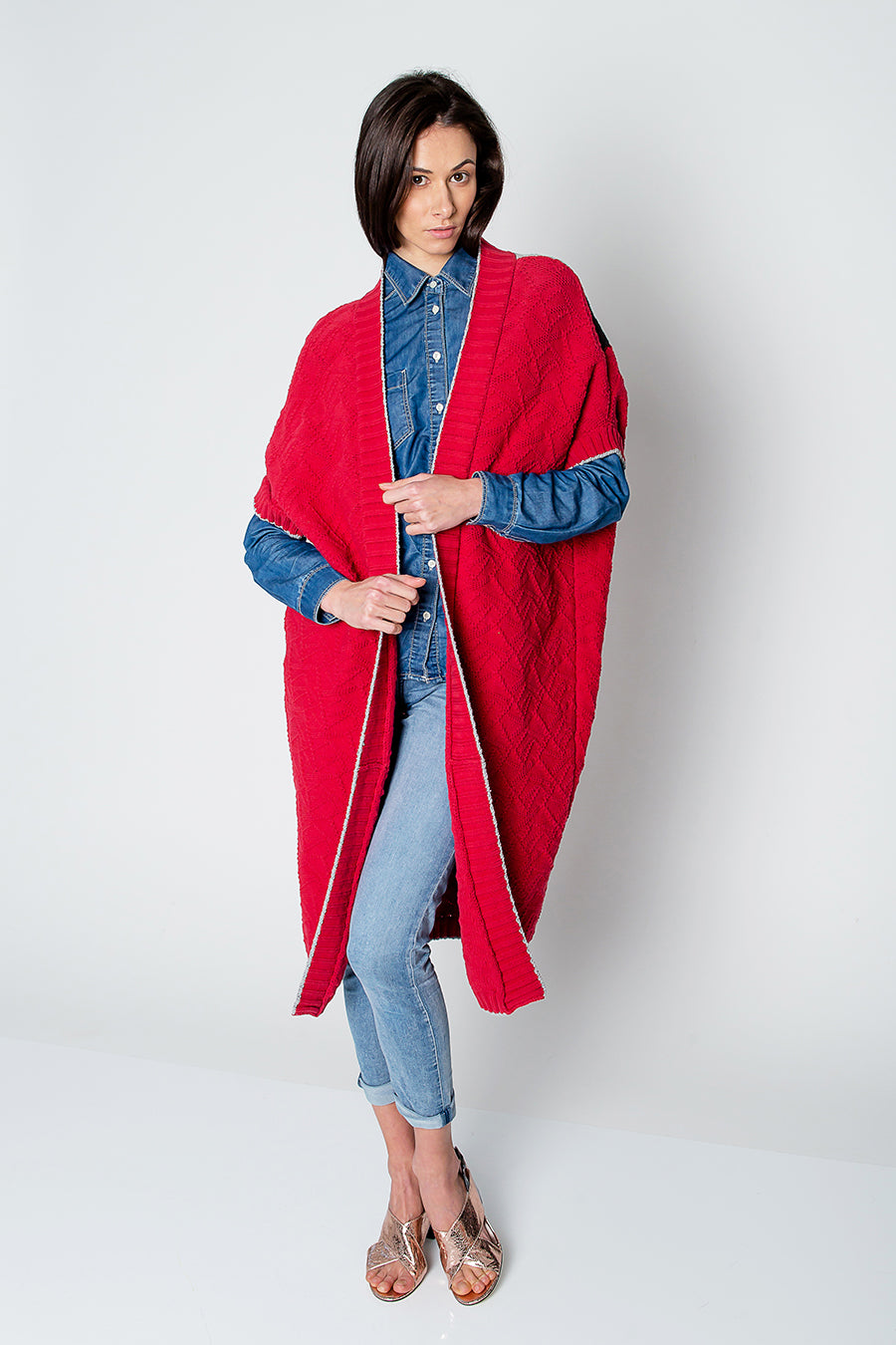 Model Wearing Knit Cotton Red Cardigan