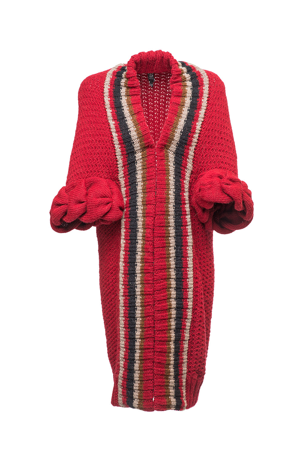 Knitted red cardigan by LOOM with braids