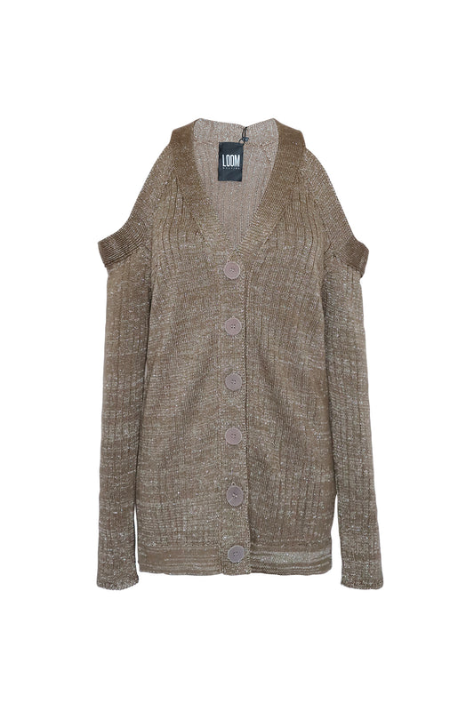 This cardigan from LOOM Weaving features cold-shoulder cutouts with lurex shine effect.
