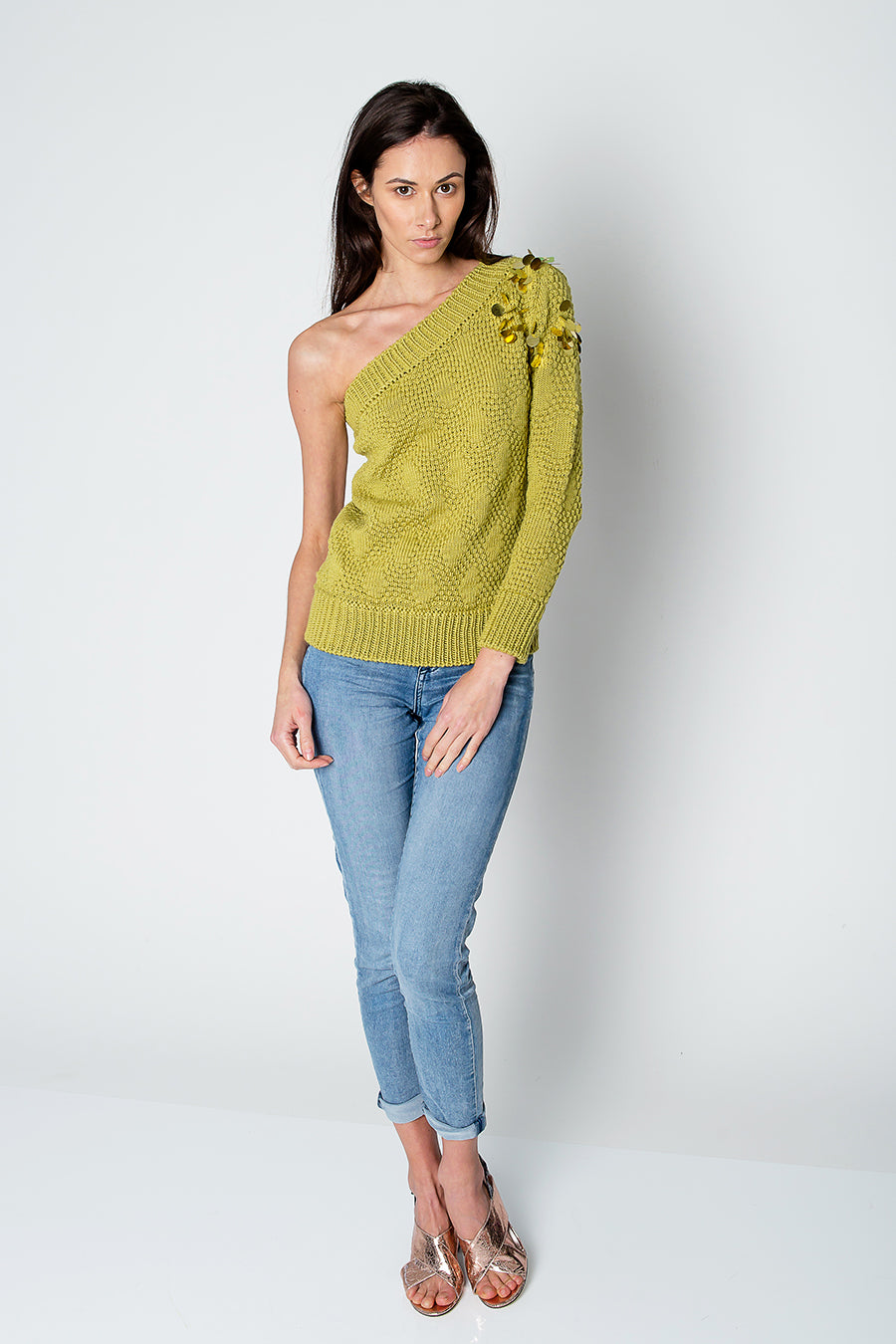 Model Wearing One Shoulder Green Sweater