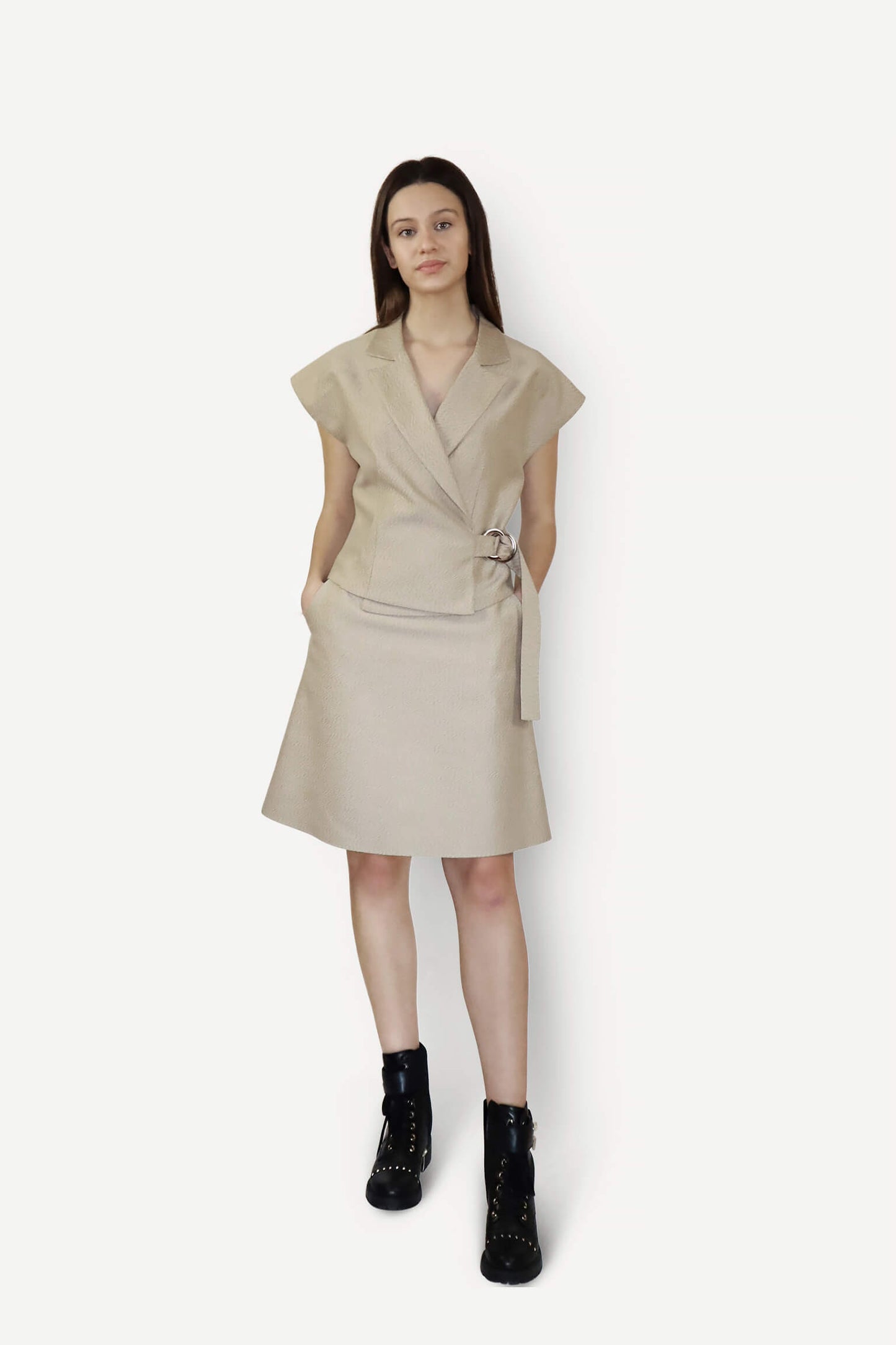 Model Wearing Buckle Belted Vest - Ivory