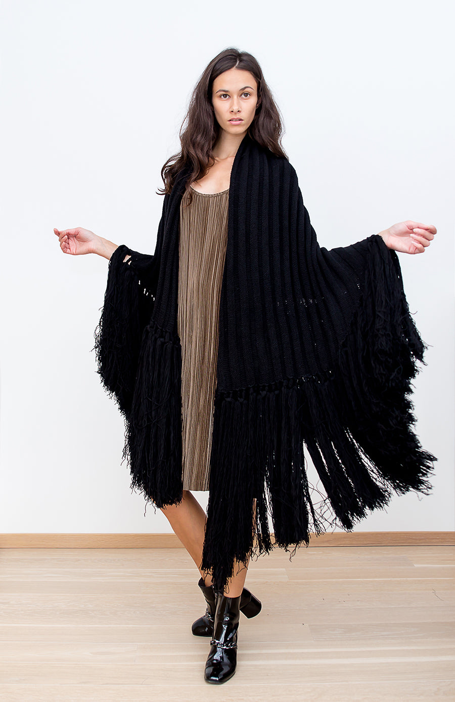 Model Wearing Black Phantom Knit Cape