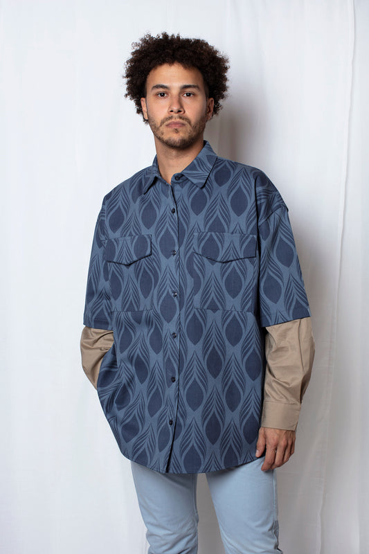 Two-Toned Pattern-Jacquard Denim Shirt