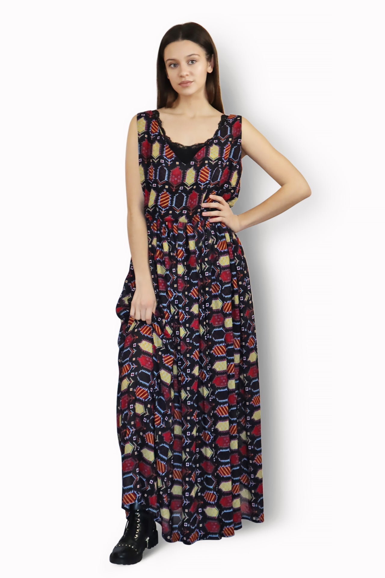 Female model wearing Carpet-print Maxi Dress