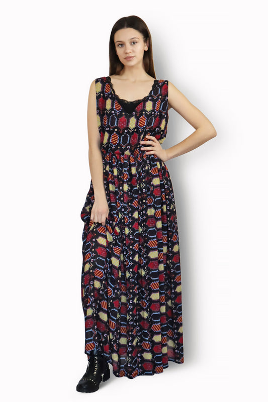 Female model wearing Carpet-print Maxi Dress
