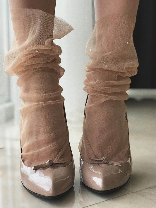 Crystal-embellished Tulle Socks - Beige presentation mode