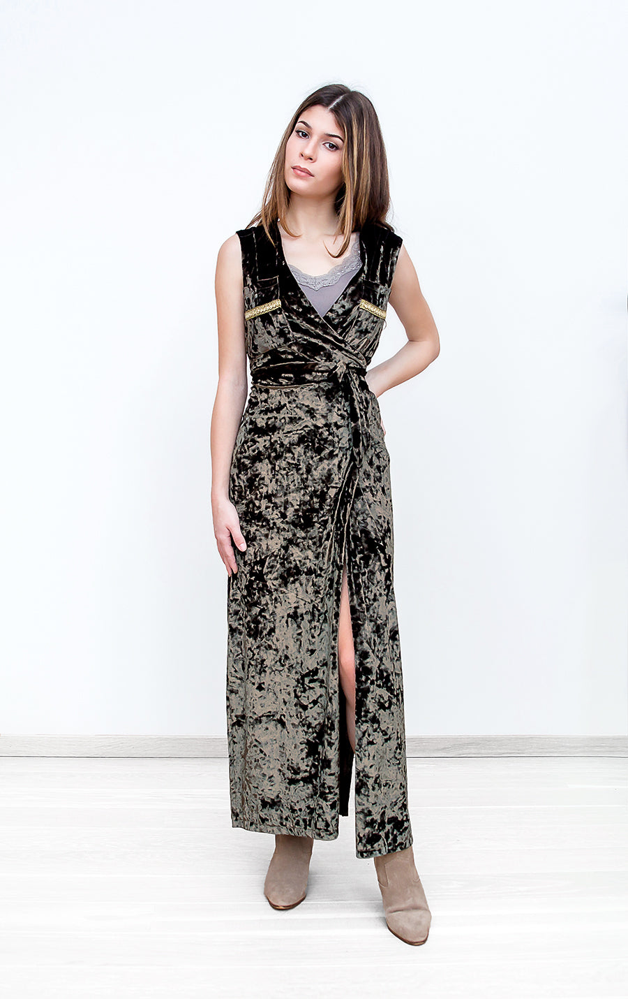 velvet-long-khaki dress