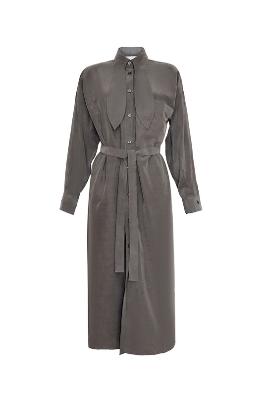 grey shirt dress with bow tie