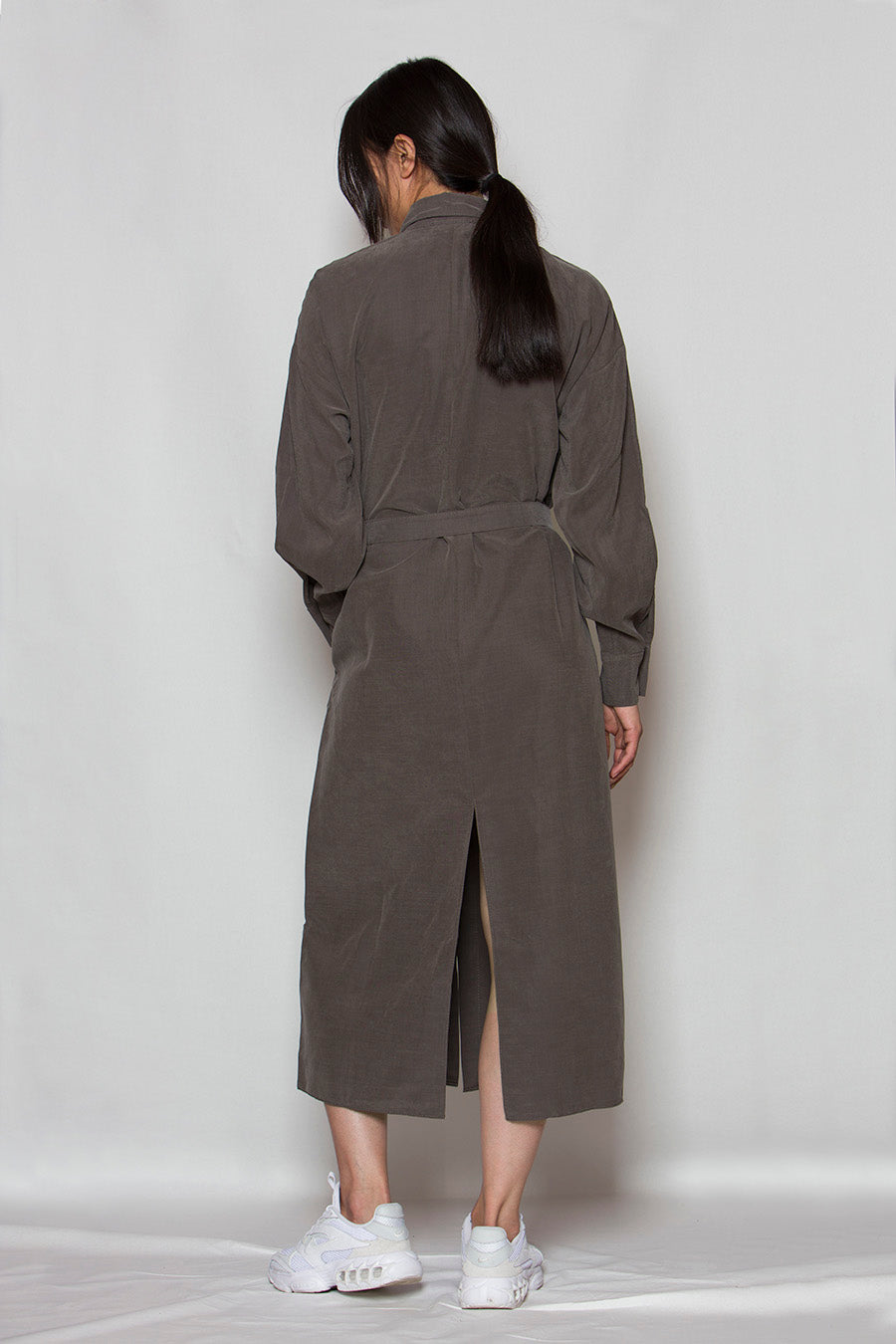 grey shirt dress with bow tie