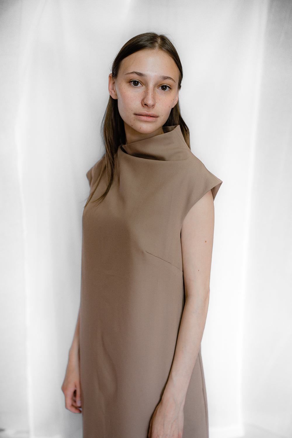 Beige asymmetric dress side view