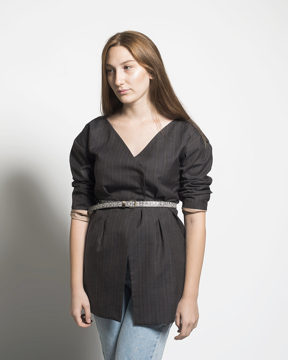 Collarless Pinstriped Blazer by Zgest
