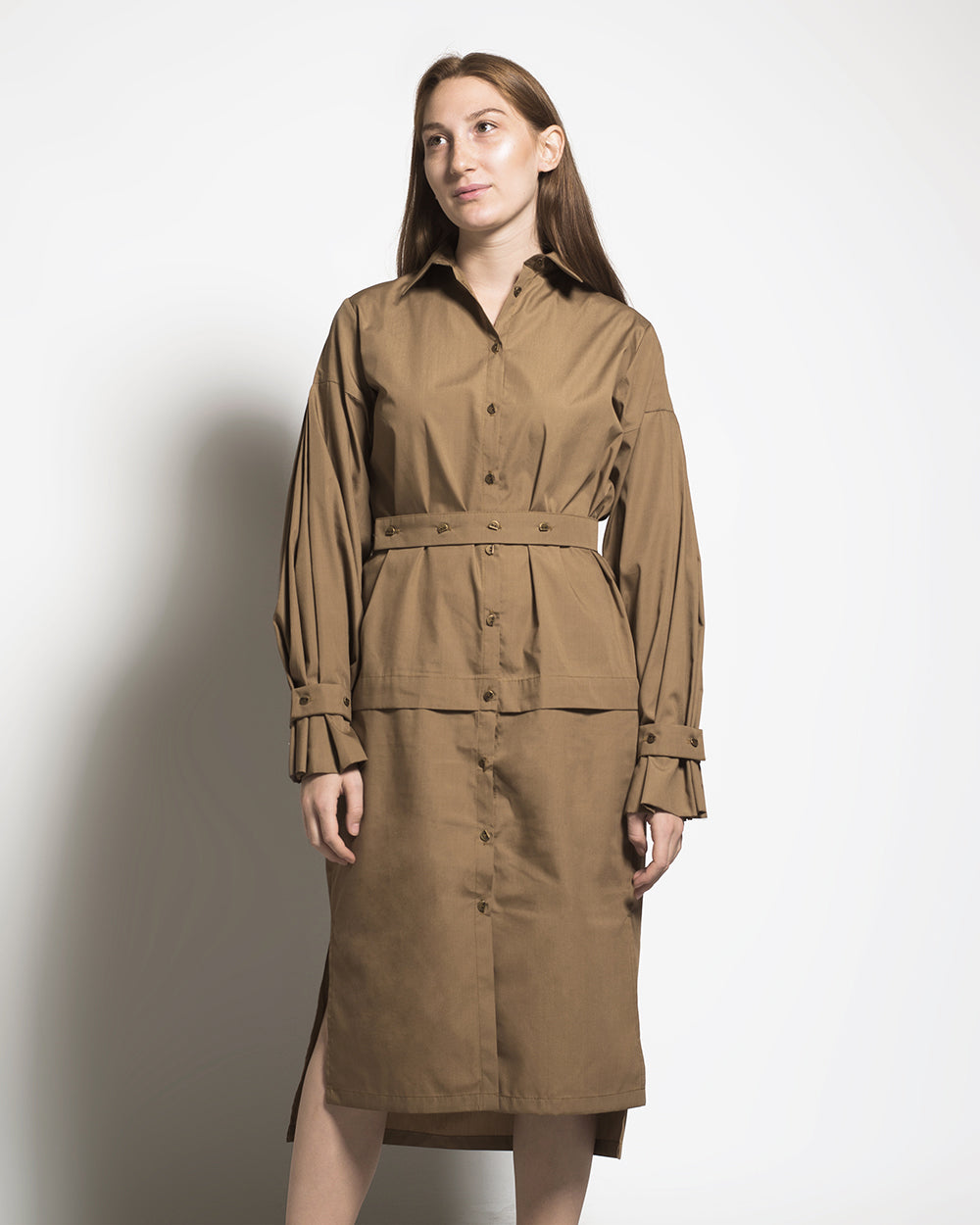 Model Wearing Beige Shirt Dress