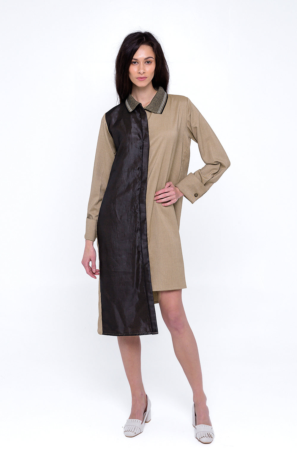 Model wearing Asymmetric Paneled Dress
