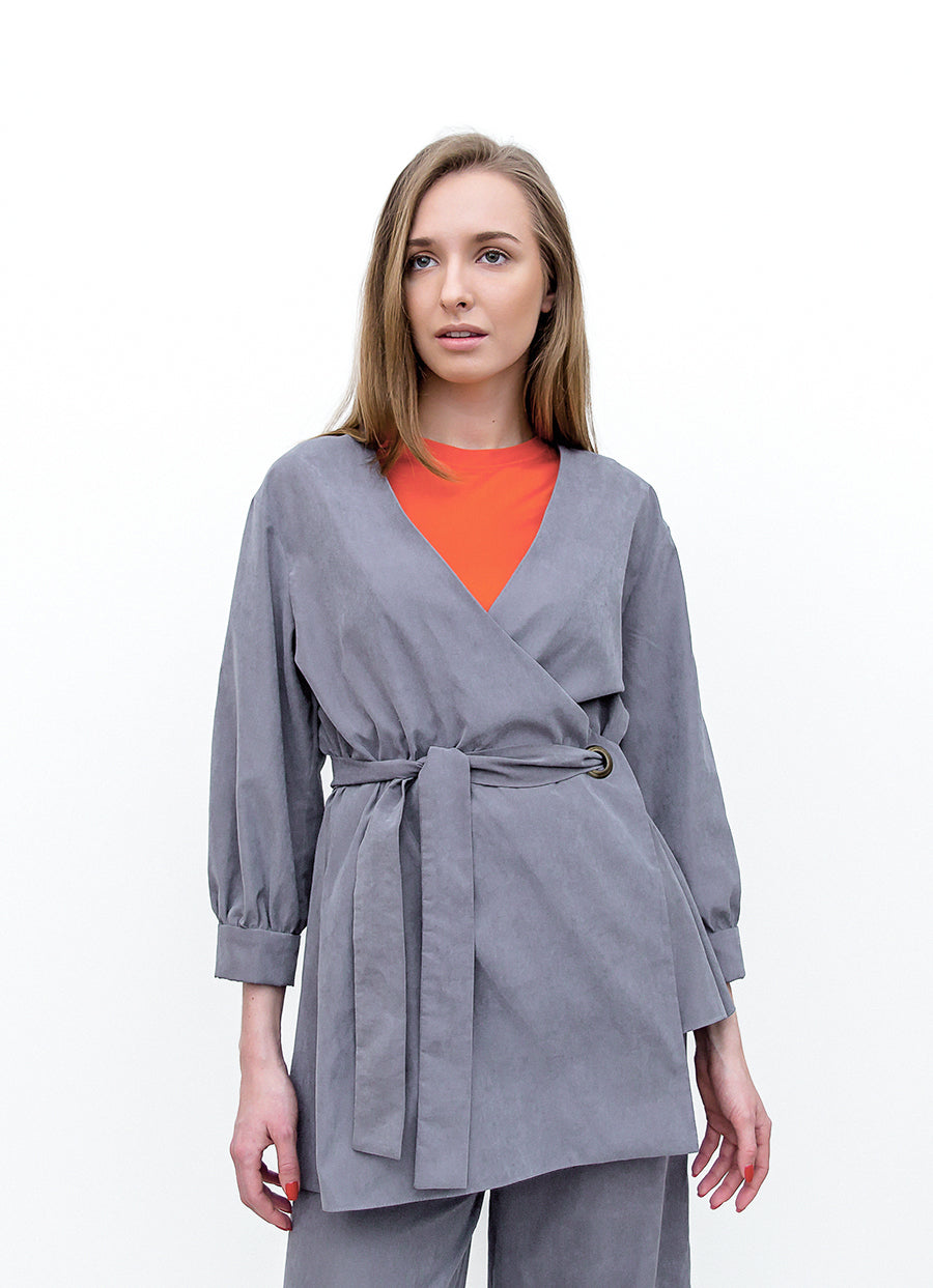 Model Wearing f by Faina Grey Wrap Blazer