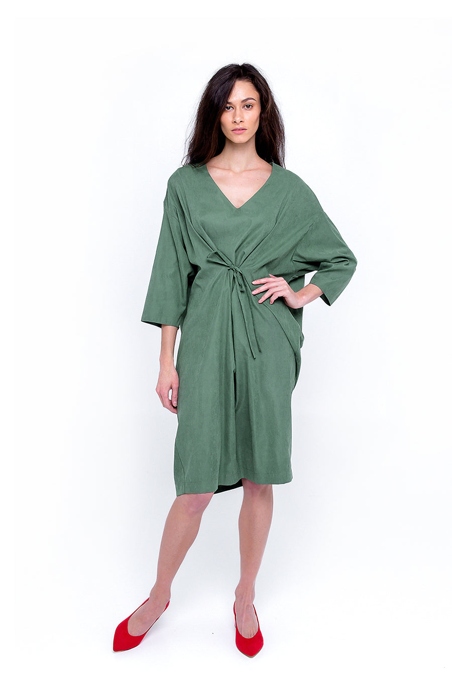 f by Faina Khaki Green Midi Dress front view