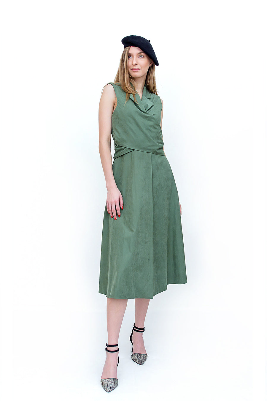 f by Faina Khaki Green Wrap Dress front view
