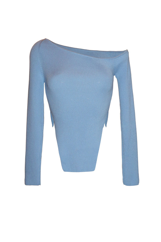 Asymmetric Knit Top with Open Shoulder Blue