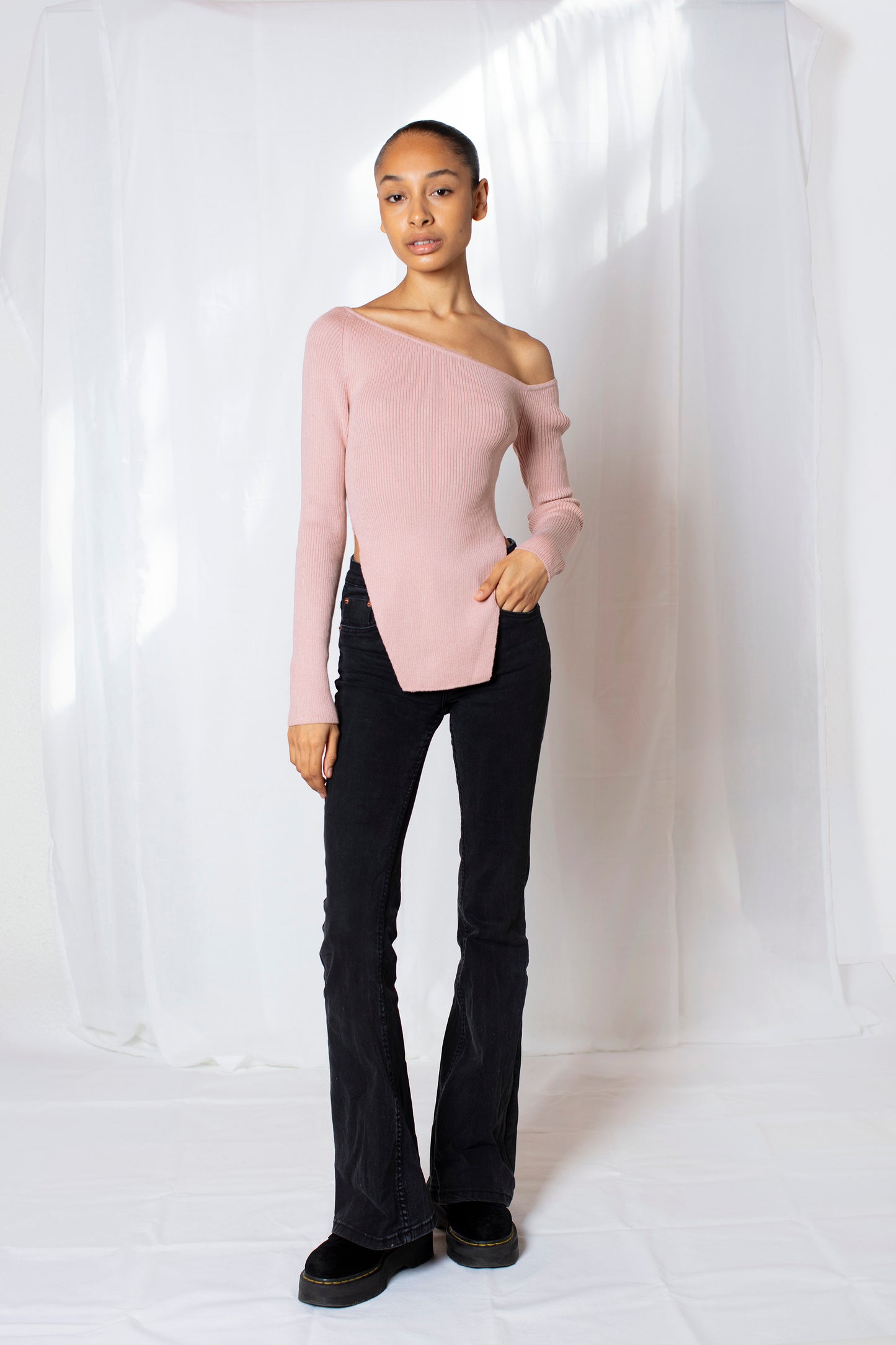 Asymmetric Knit Top with Open Shoulder - Pink