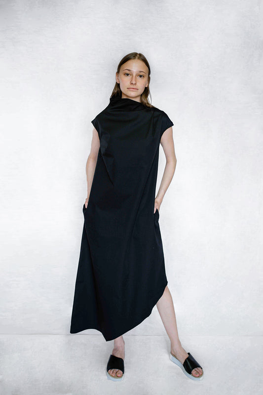 black asymmetric dress front view