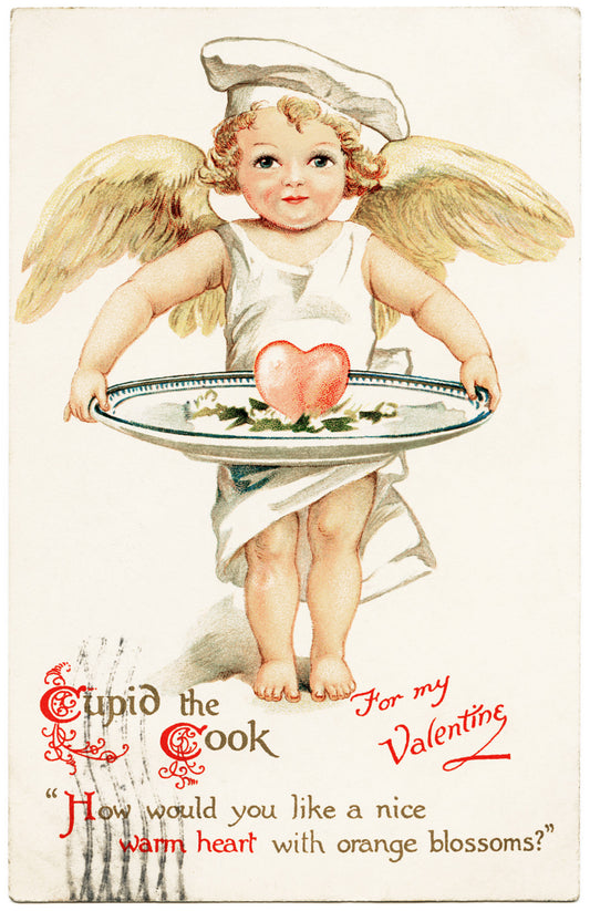Saint Valentines cooking angel on vintage postcard