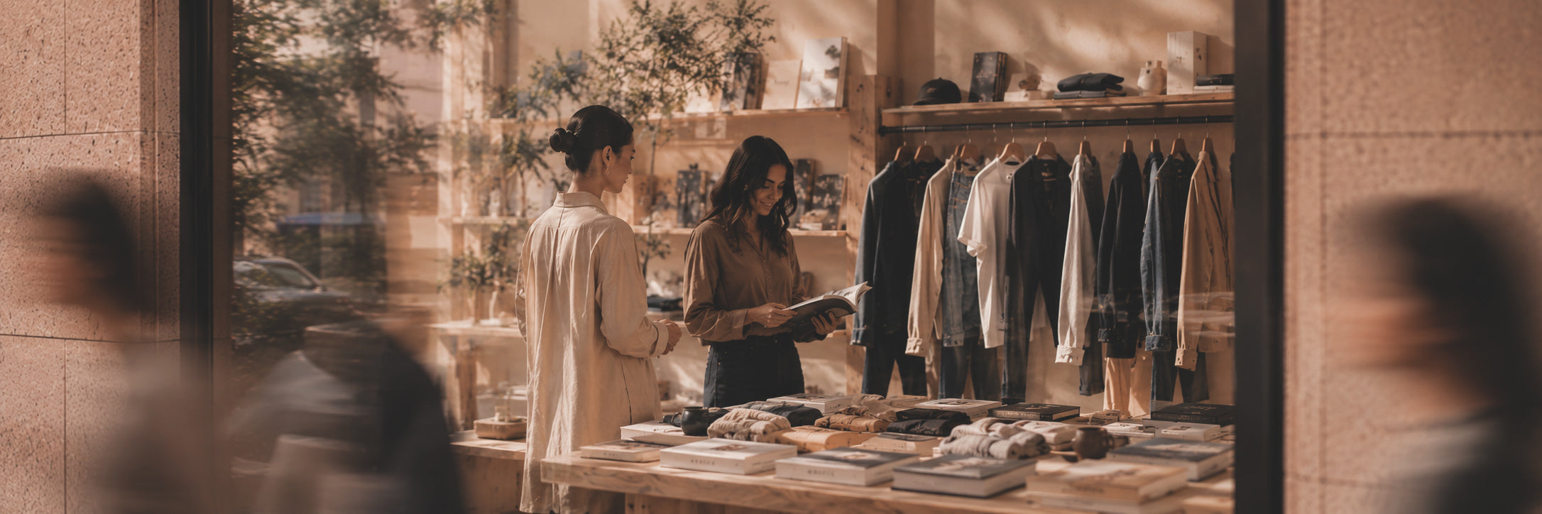 Two women shopping in a store with clothes on display.