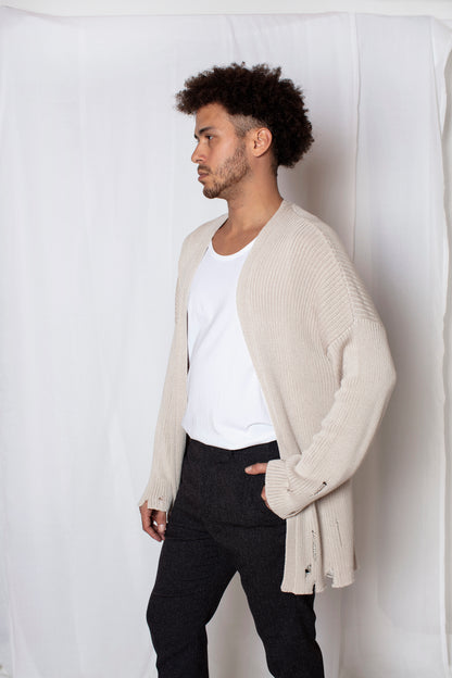 Distressed Cream Knit Cardigan - Men