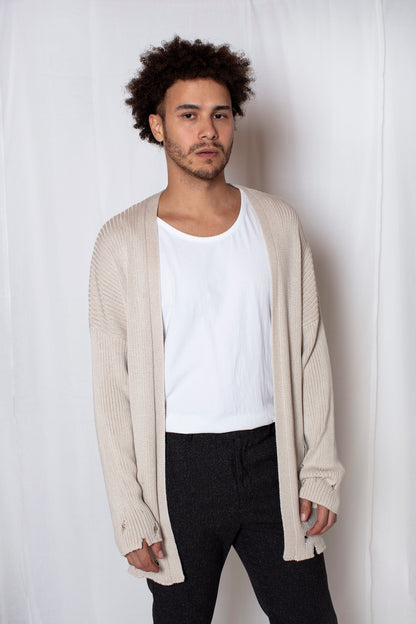 Distressed Cream Knit Cardigan - Men