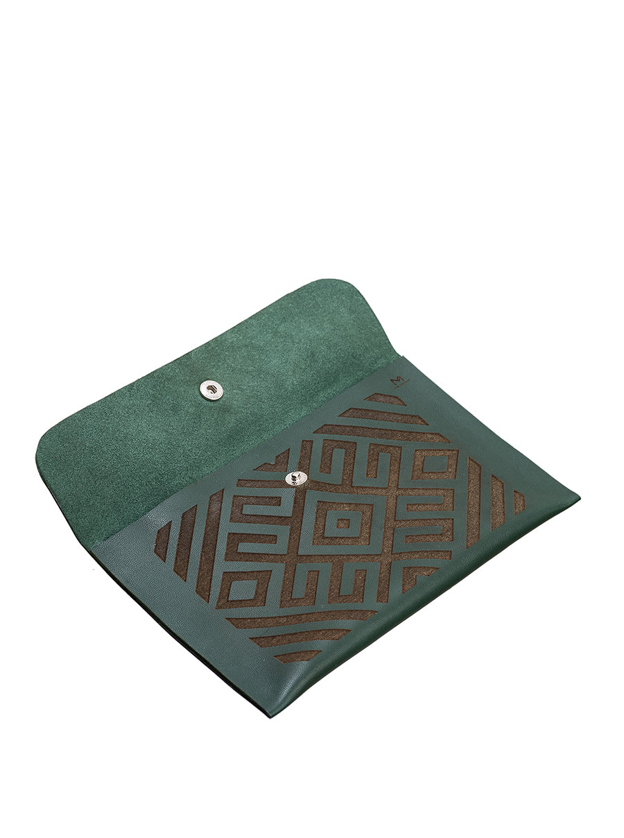 Armenian Ornament Green Leather Pouch - Mini opened