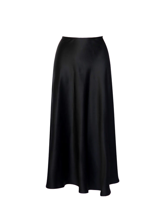 Black silk satin midi skirt