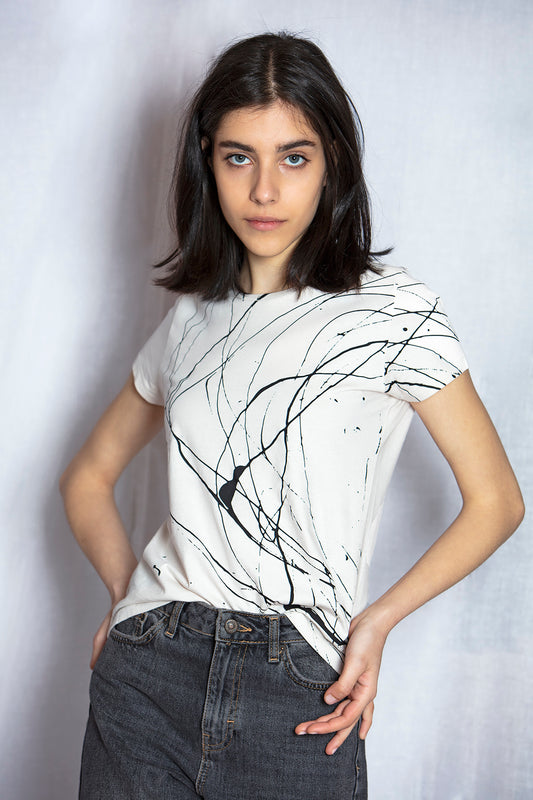  Model wearing Armine Ohanyan graphic t-shirt Aoki