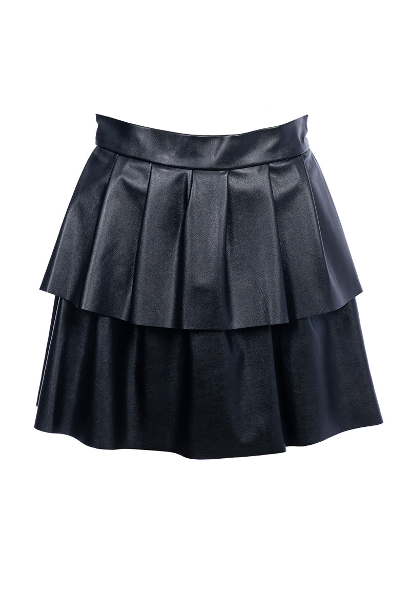 Pleated Eco Leather Mini Skirt - Black
