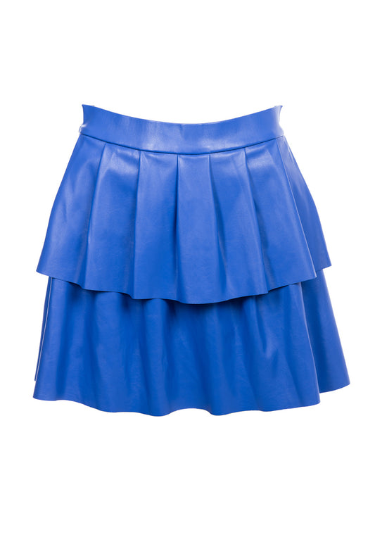 Pleated Eco Leather Mini Skirt - Blue