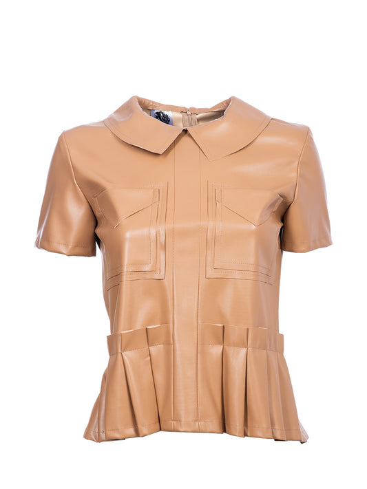 Eco Leather Shirt Top - Beige