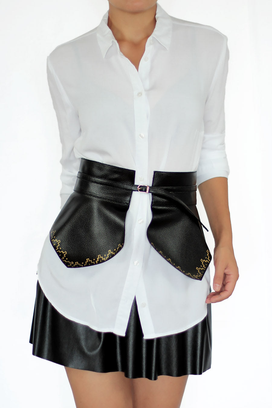 Hand Printed Leather Peplum Belt front view