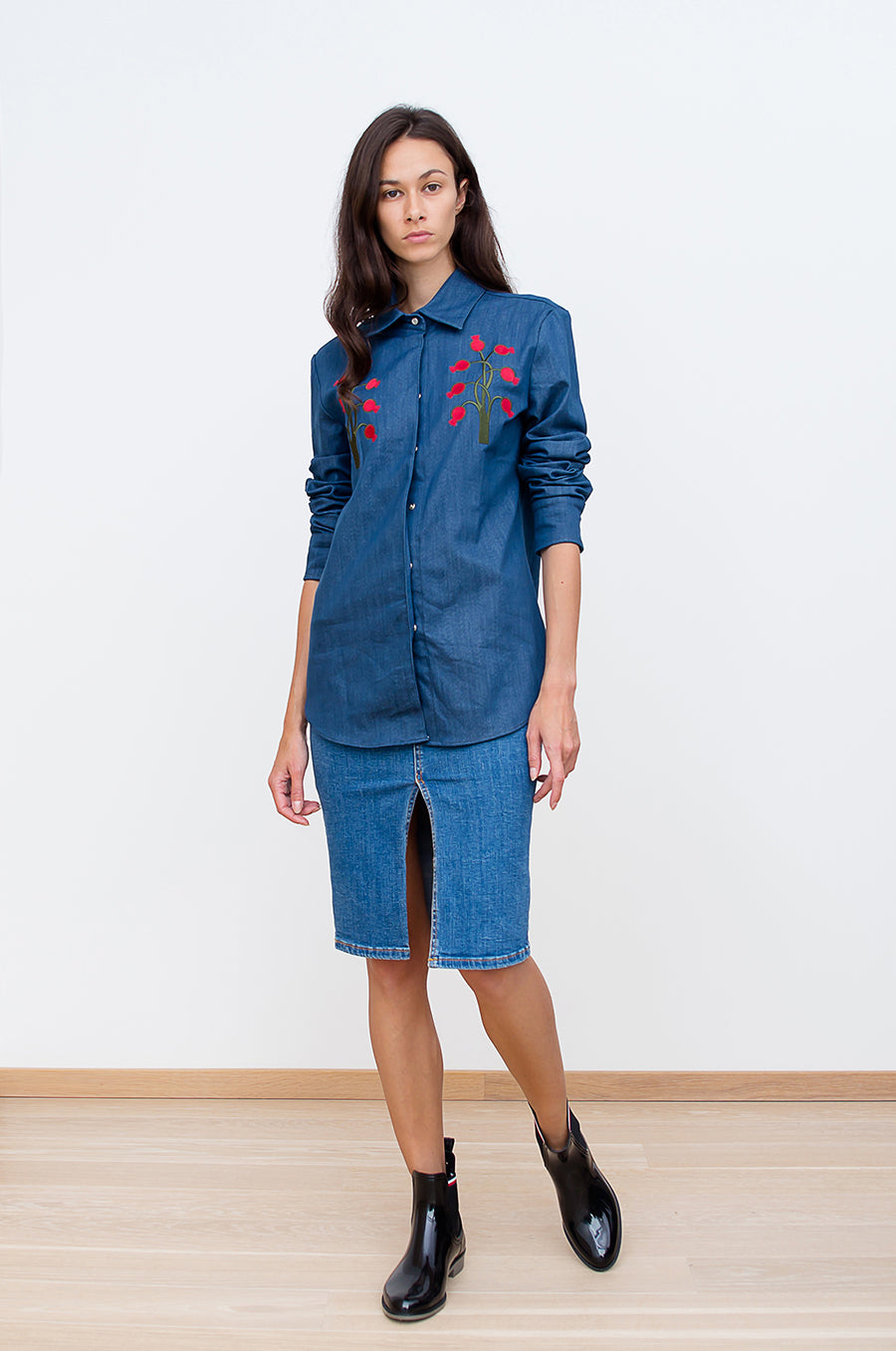 Denim Shirt with Embroidery front view