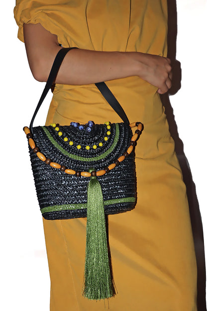 ėSSä Straw Tote Bag with Beads - Black presentation mode