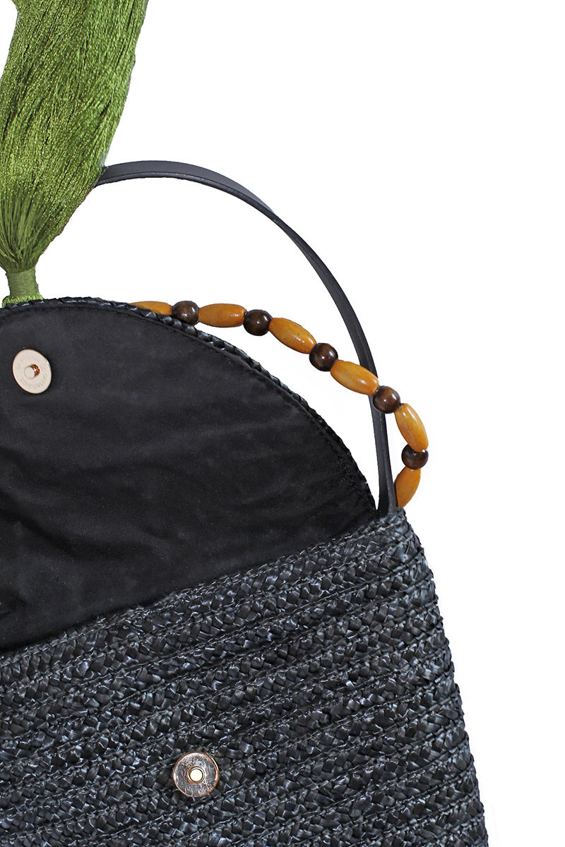 ėSSä Straw Tote Bag with Beads - Black front view